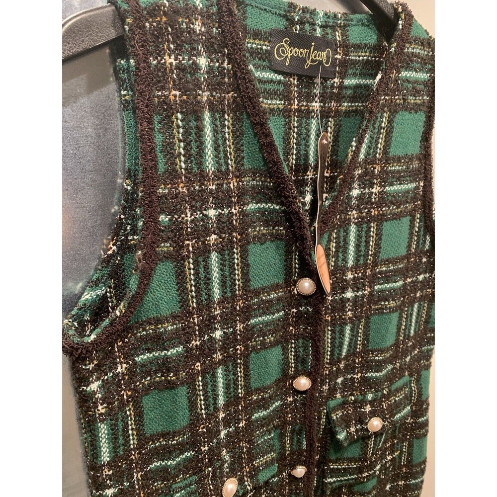 Spoon Jeans Green/Brown/Lurix Plaid Pearl Button Vest Women’s Size L NEW w/Tag - Picture 13 of 16